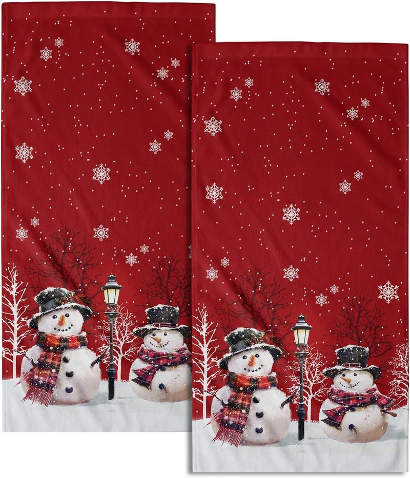 Granbey Christmas Snowman Red Dish Towels Winter Snow Bathroom Hand Towels 28.3x14 Inch Set of 2 Cute Snowman Snowflake Decorative Bath Towel for Kitchen Gym Spa Hotel - Image 1